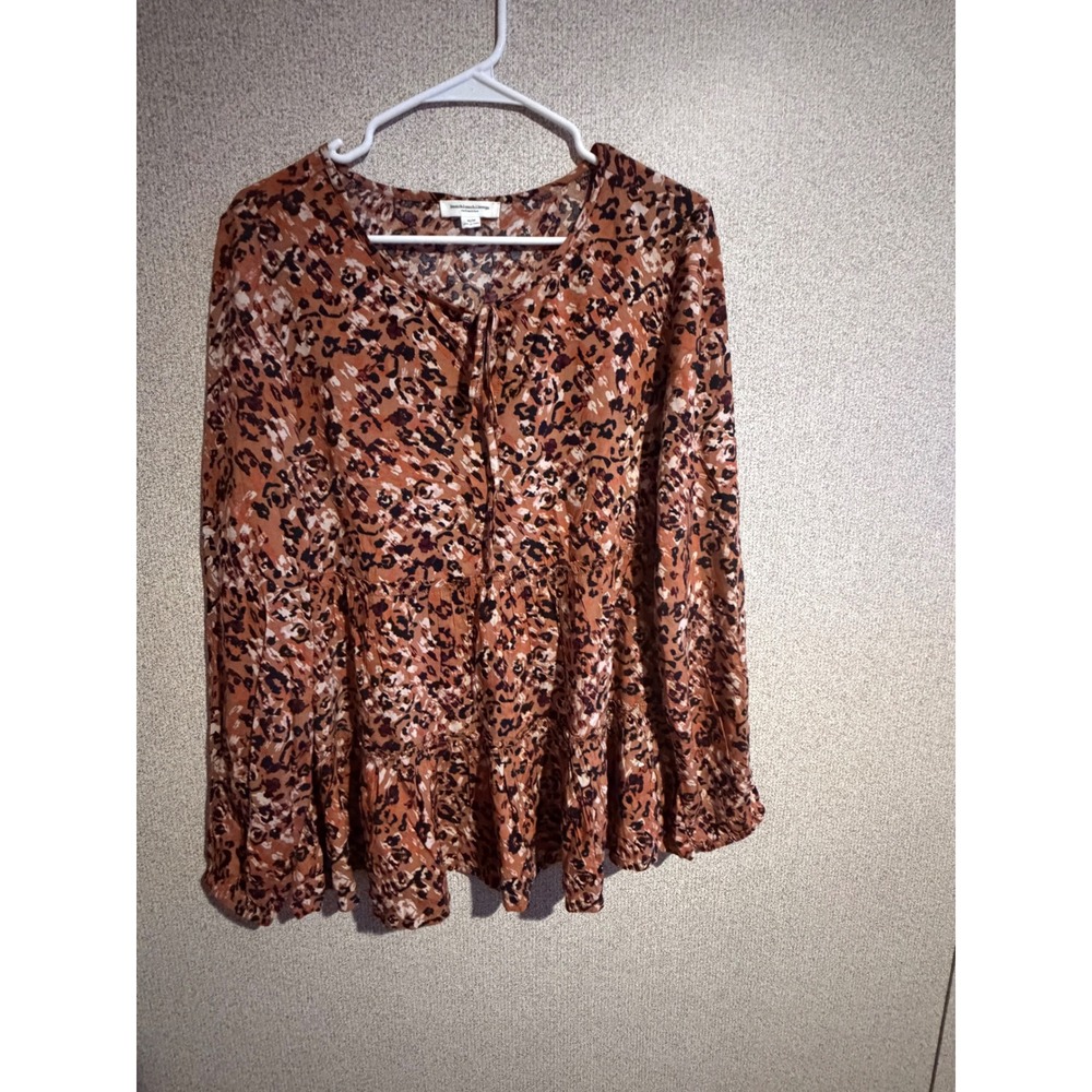 Beachlunchlounge Leopard Print Tiered Babydoll Blouse Rust Orange Long Sleeve M